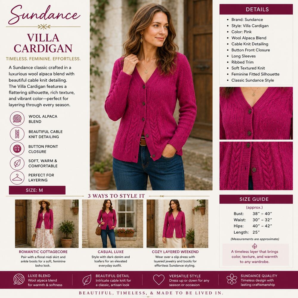 Sundance Pink Villa Sweater M Wool Alpaca Cable Knit Button Front Cozy